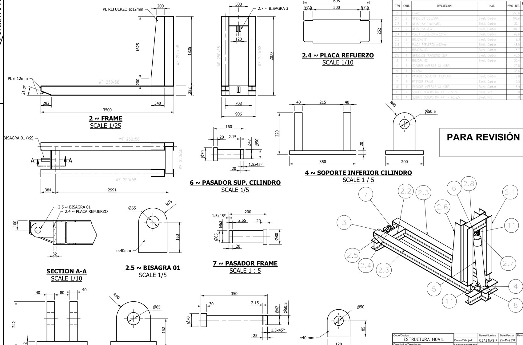 Plano de fabricación de soporte de cilindro hidráulico